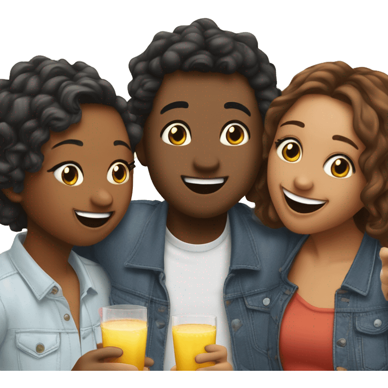 “Three friends at a party: one making a kissy face, one giving a playful cheek kiss, and one smiling widely. Show a fun, happy vibe of friendship with unique expressions.” emoji