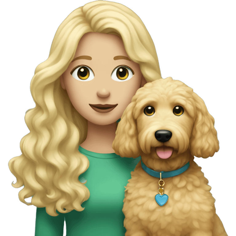 Girl with blonde hair green/blue eye with her golden doodle dog emoji