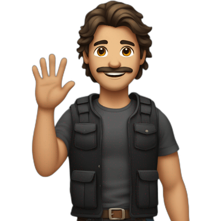 A stereotypical Portuguese young man waving with a big smile, a mustache and a brown mullet, wearing a black t-shirt and a chest vest emoji