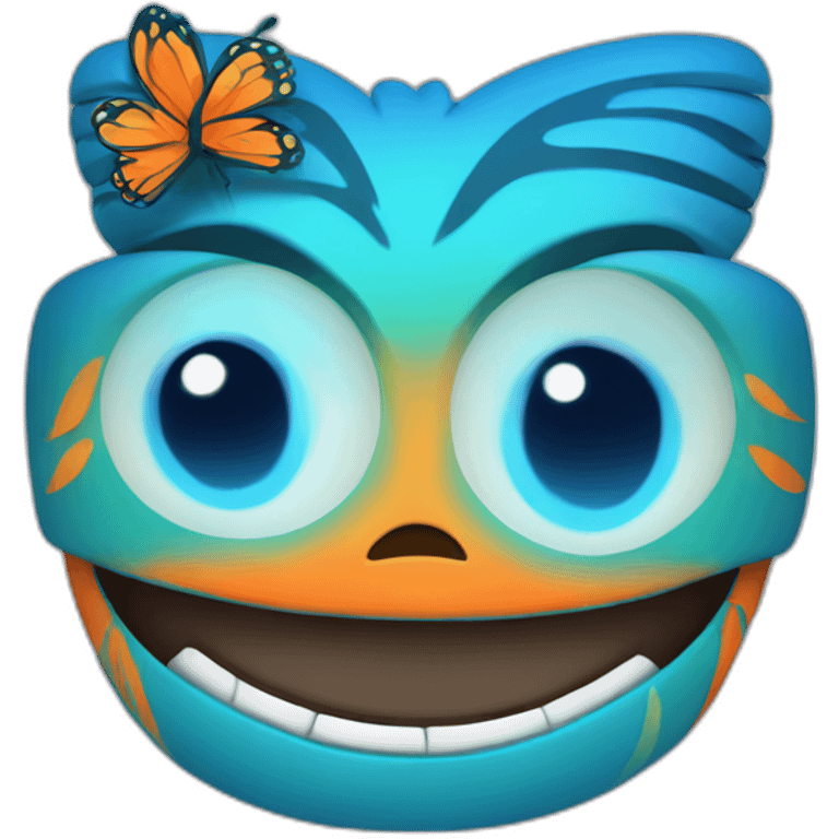 Cartoon Blue and orange smiling tiki with butterfly  emoji