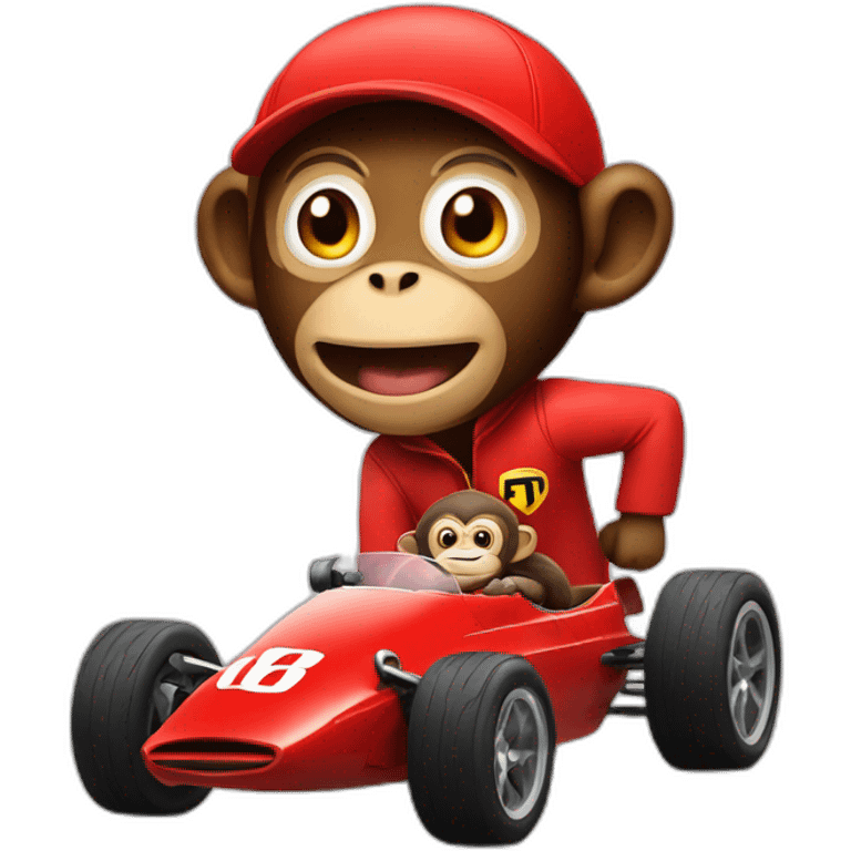 Monkey in a F1 red car with a man running after him emoji