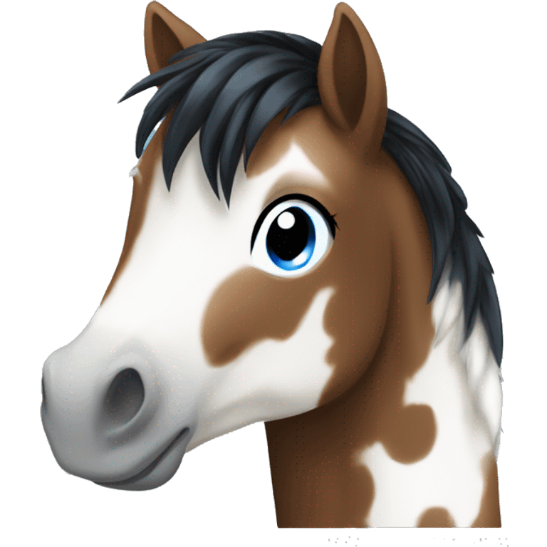 Brown and white spotted pony black hair and blue eyes  emoji