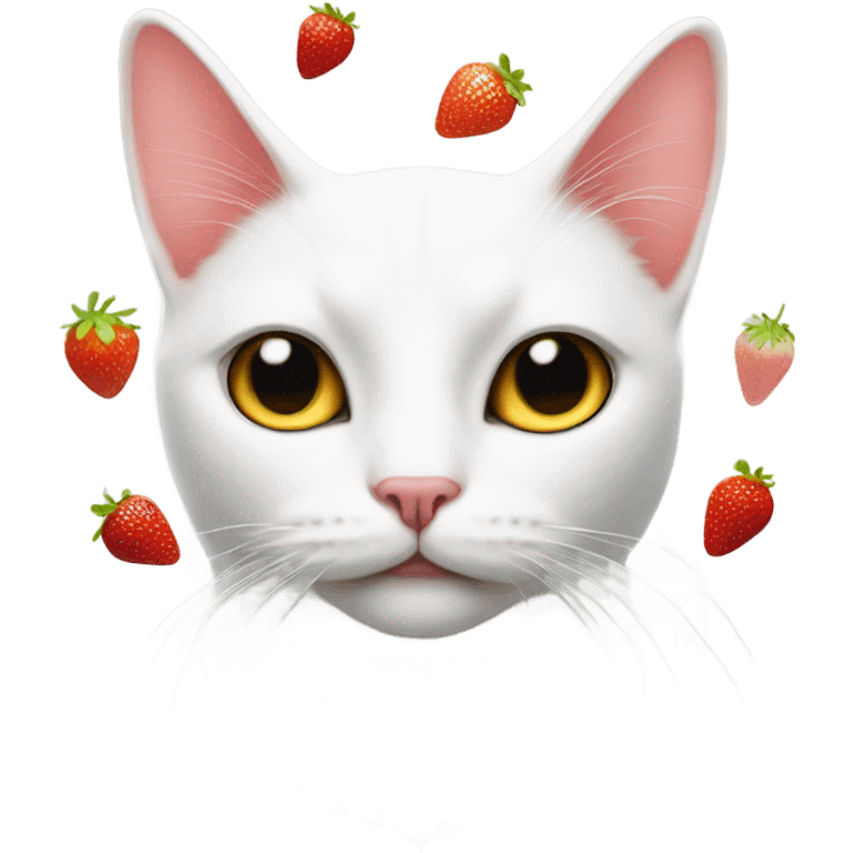 A white cat and a strawberry  emoji