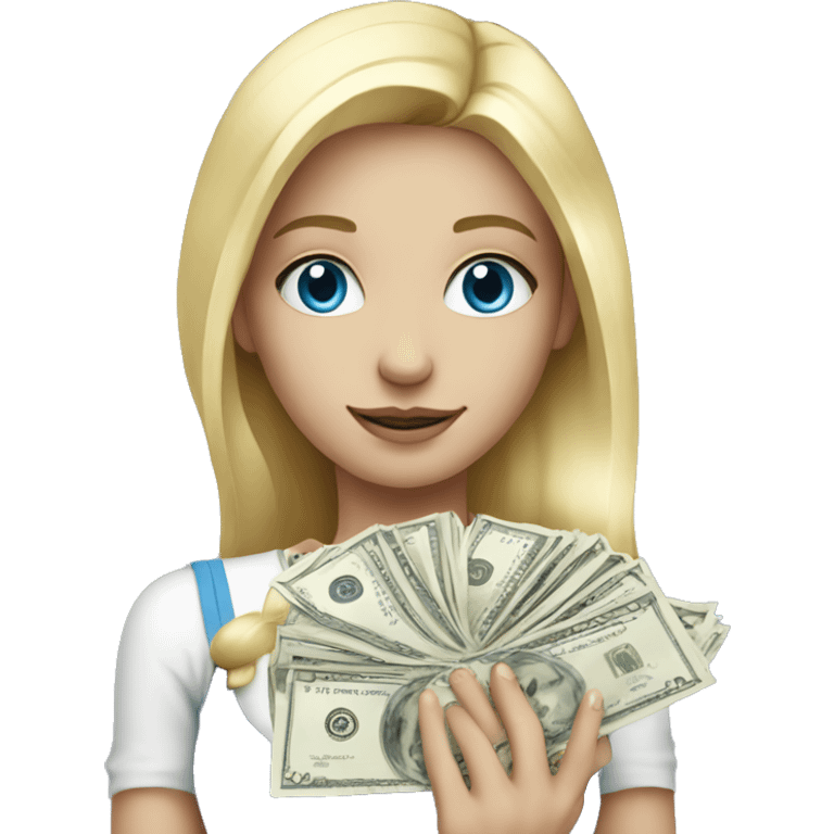 Blonde girl, white with blue eyes holding a lot of money emoji