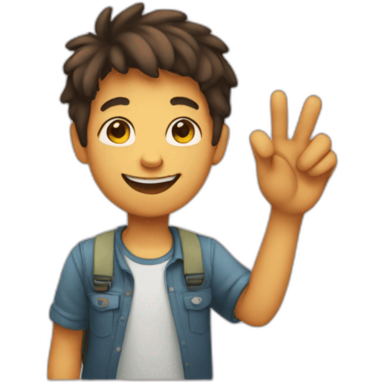 Boy smiling holding a hi sign emoji