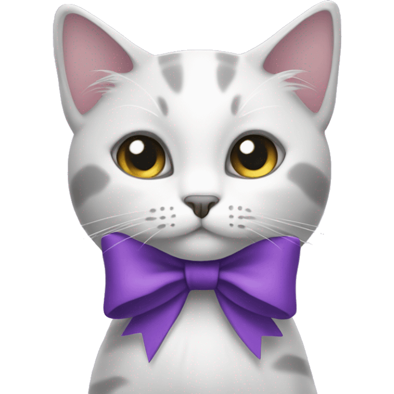 white gray mixed cat with purple bow emoji