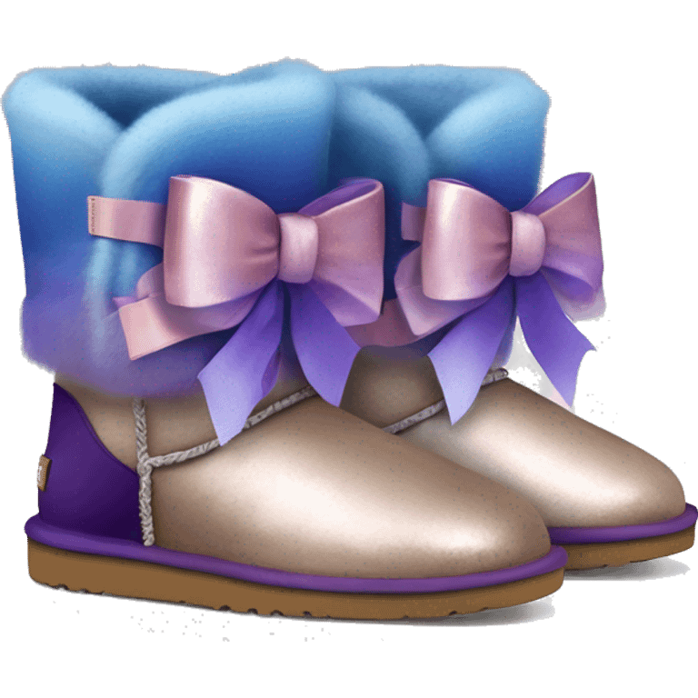 Realistic pair of blue ,purple,and taupe  ombre grunge Ugg fur boots with rose gold silk ribbon bows. emoji