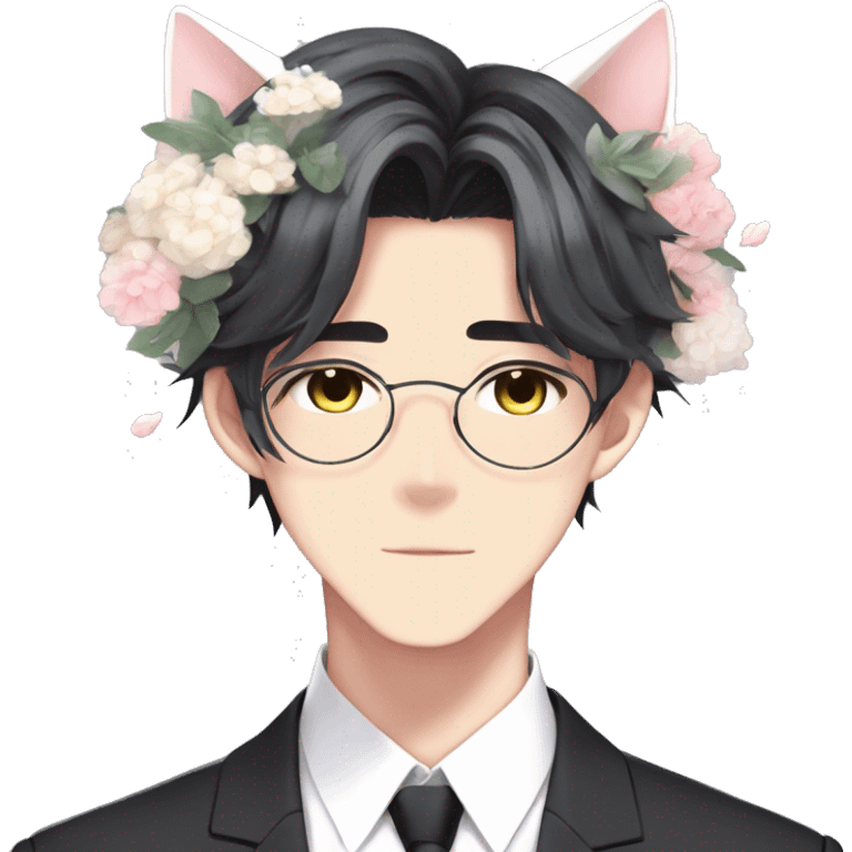 Gorgeous romantic anime style Asian formal modern shojo guy with cat ears and flowers and blushing face aesthetic trending style outside emoji