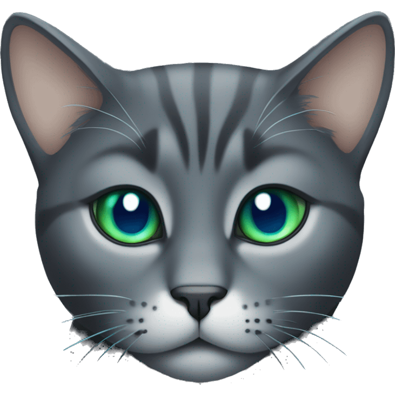 Dark grey cat with blue, green eyes, looking pensive emoji