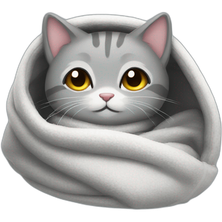 small grey kitty in a blanket cozy emoji