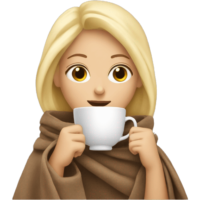 Blonde girl sipping tea wrapped in blanket emoji