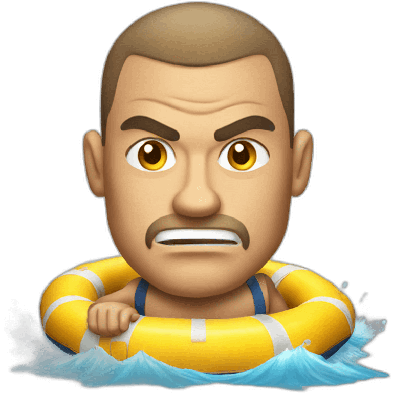 Angry muscular tan guy with brunette buzz cut on a raft emoji