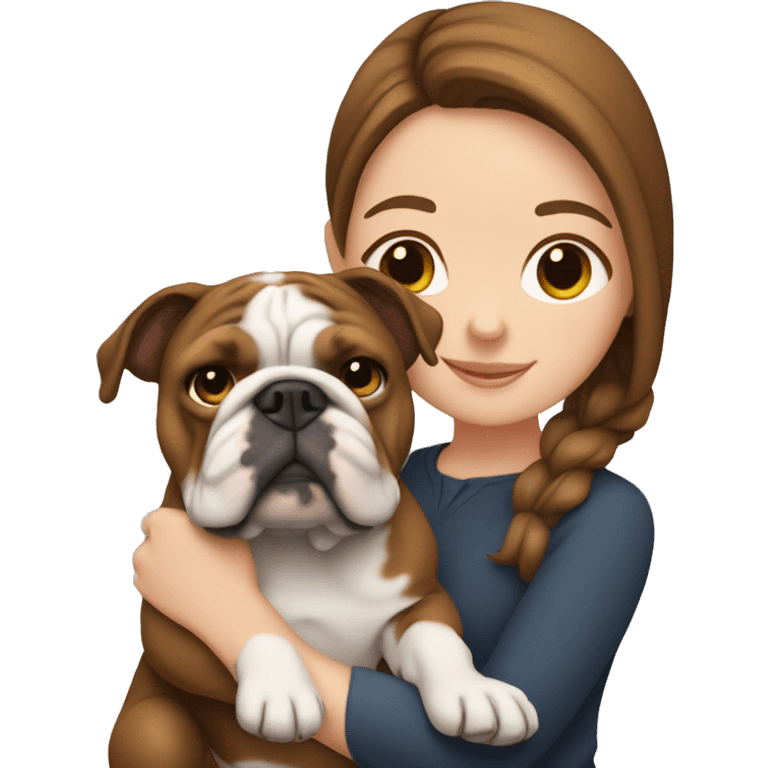 White girl with brown hair holding English bulldog emoji