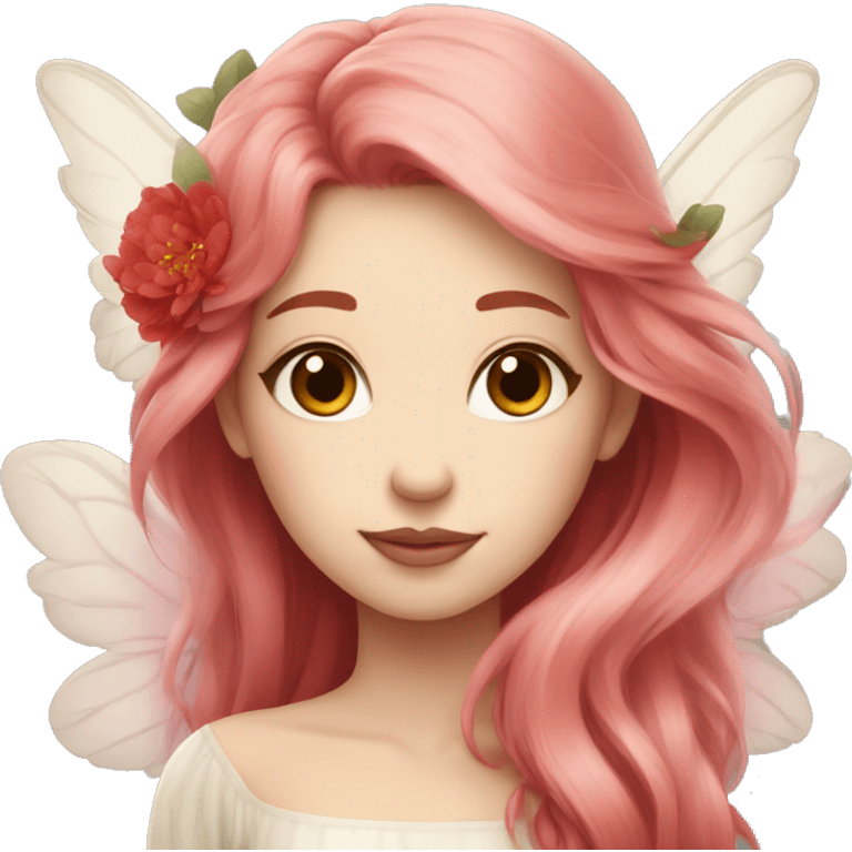 Beautiful, peony, fairy, light beige, long red hair, big wings, fair skin emoji