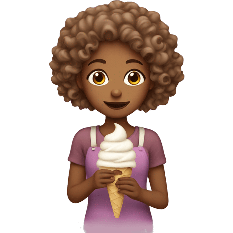 A light brown girl with curly hair eating ice cream emoji