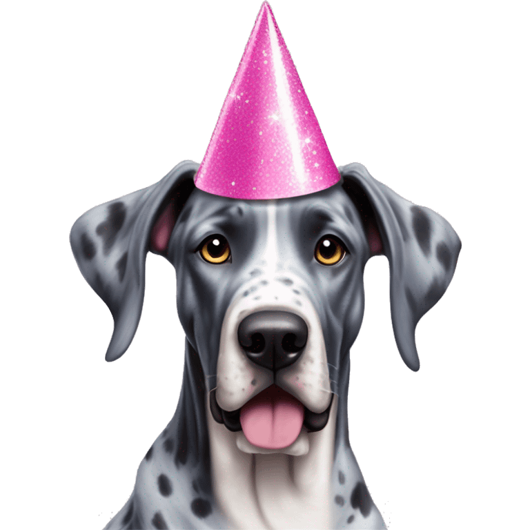 Blue Merle Great Dane wearing pink party hat with sparkles emoji