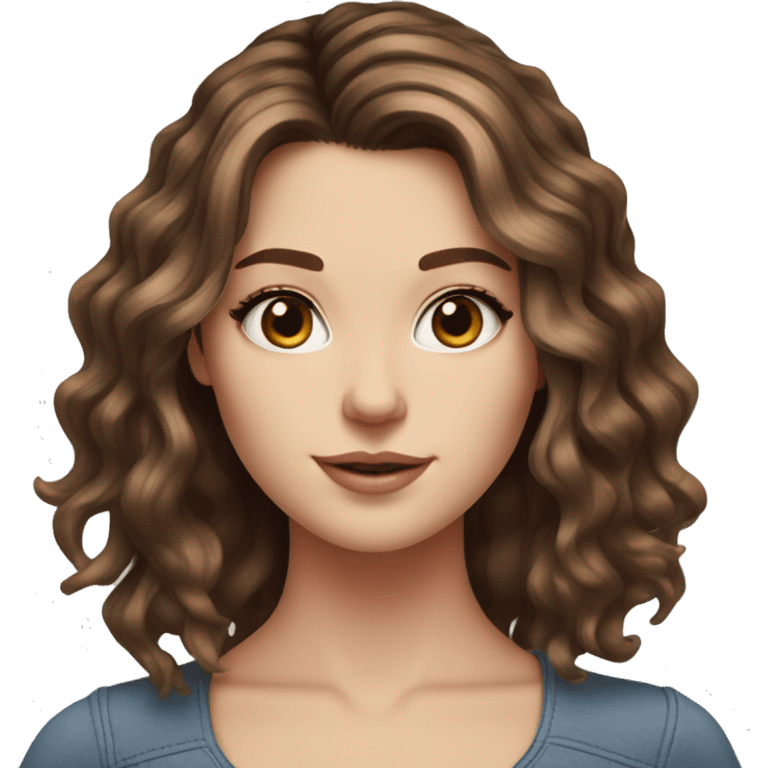 White girl blue eyes with medium length voluminous brown hair with brown highlights balayage  emoji