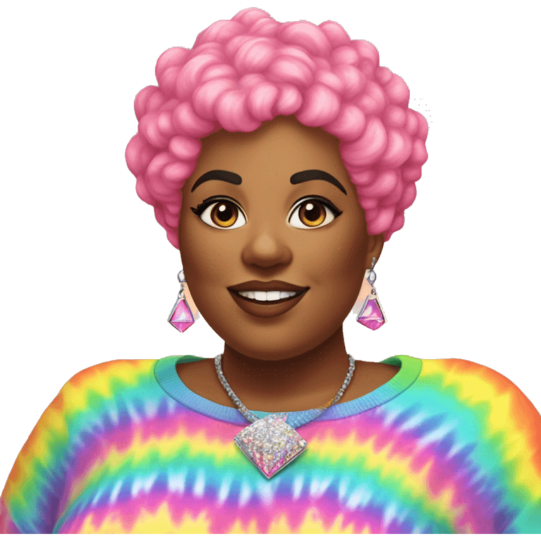 Plus size black woman with pink curly pixie cut hair and a rainbow tie dye sweater , and diamond stud earrings  emoji