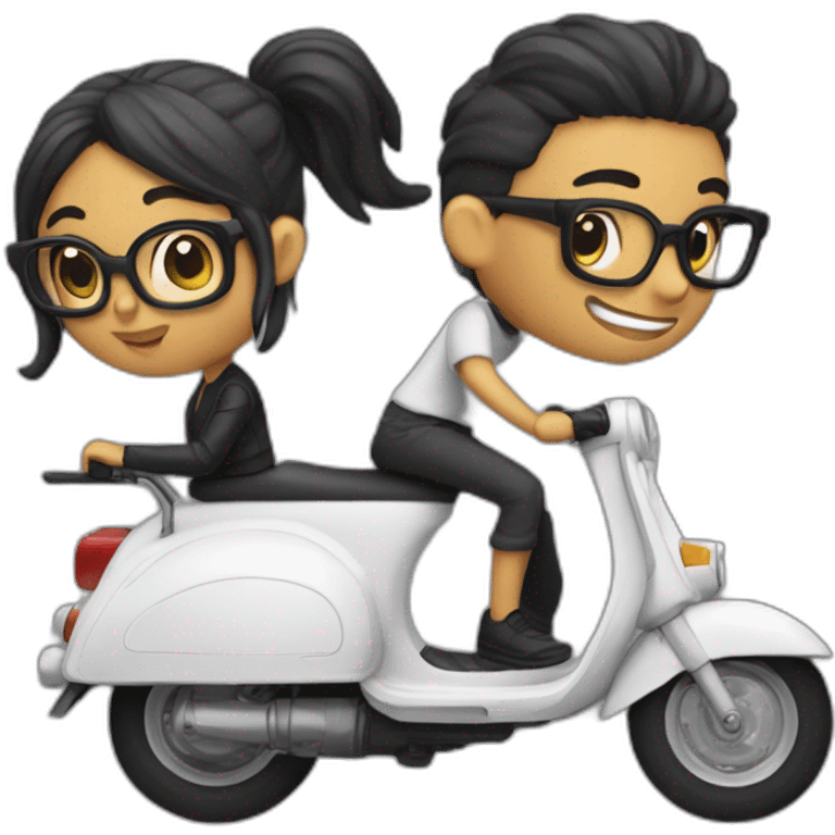 boy with long hair tied in a bun, beard, and glasses, riding a black scooter with a girl on the back emoji