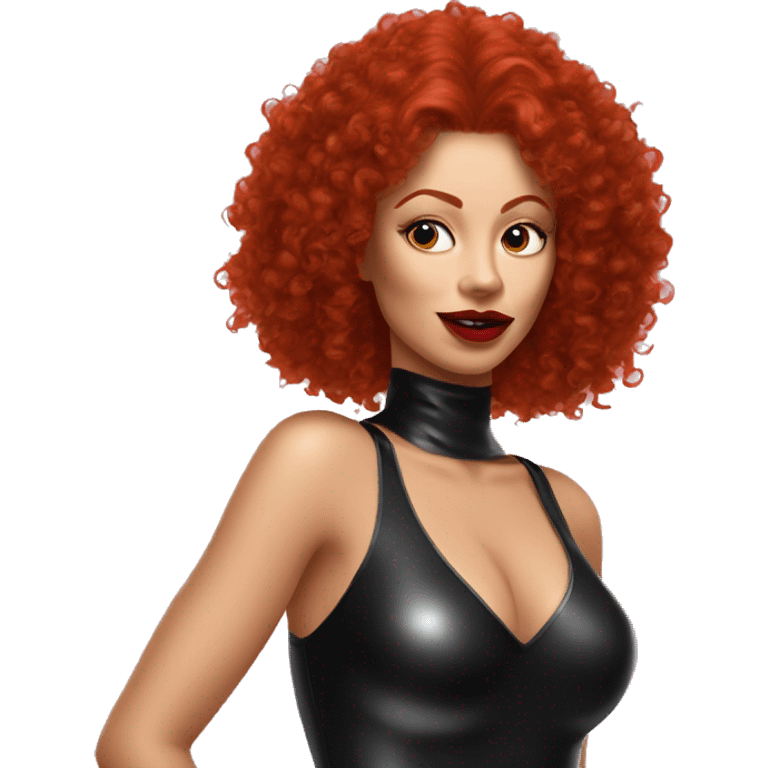 woman in redheads curly hairs wear latex catsuit and hold red lipstick emoji