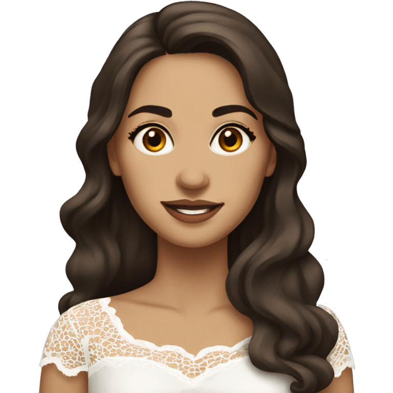 Adult woman with brown eyes, light tanned skin, long wavy dark brown hair, wearing a white lace dress emoji