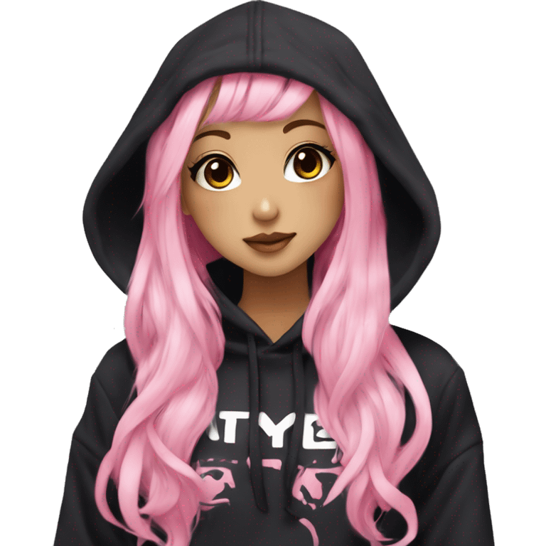 hime gyaru girl, black and pink hair, dark makeup, black hoodie emoji