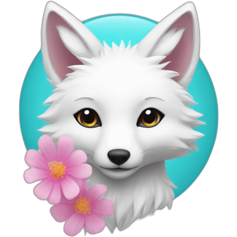 white fox with cyan hair on heaf and pink flower in it emoji