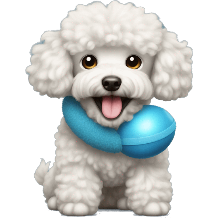 Poodle dog with fluffy hair holding a toy in its mouth emoji