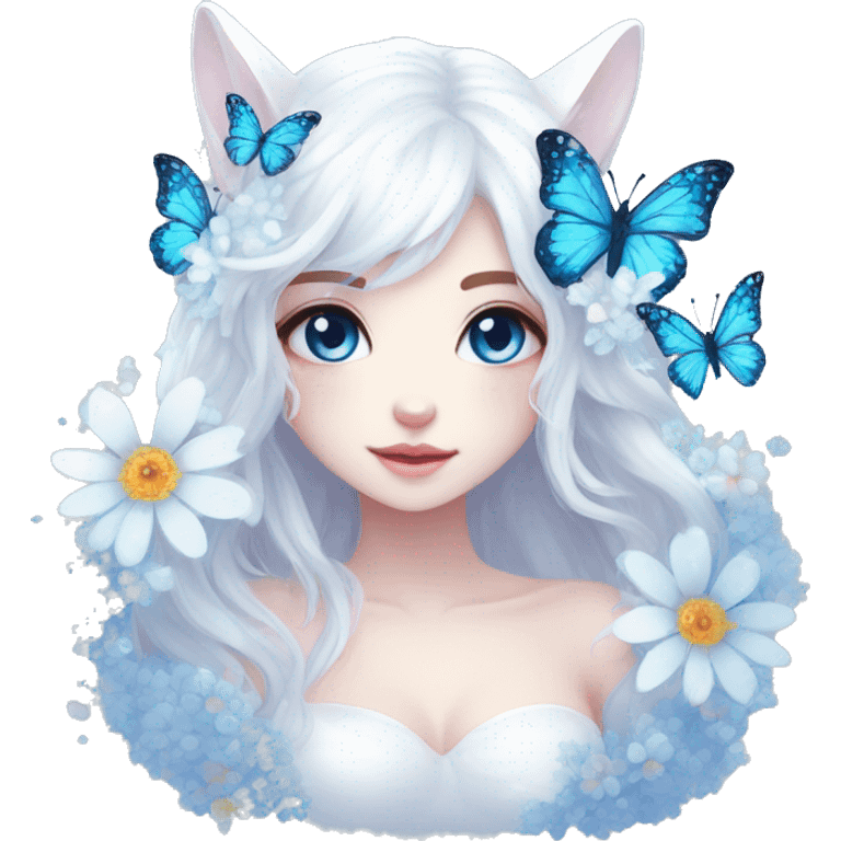 Edgy Cute Cool Kawaii gorgeous sparkly ethereal white fantasy animal with blue eyes sona with flowers and butterflies emoji