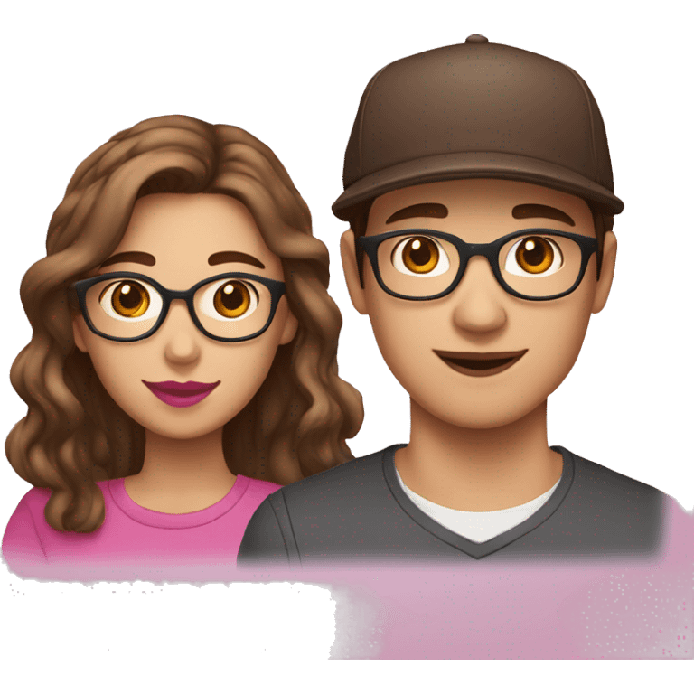 teenage brothers, woman with brown hair, brown eyes, pink lipstick and glasses. Man with brown hair, brown eyes and cap emoji