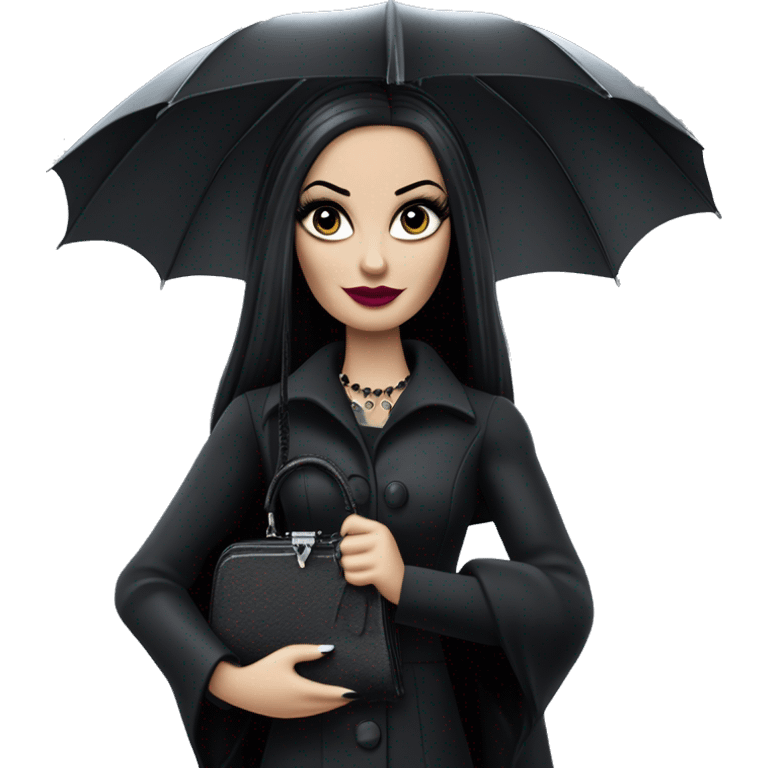 Parisienne Pretty Barbie Morticia Addams at a rainy funeral holding umbrella, accessories gloves carrying small purse  emoji