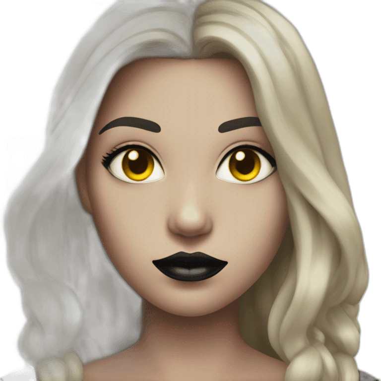  similar to human with red skin, black long hair, yellow eyes (black white of the eye), in black lather dress, black lips emoji