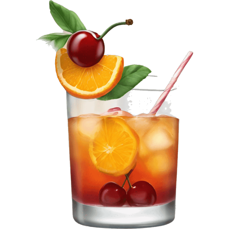 Cocktail garnished with an orange and a cherry emoji