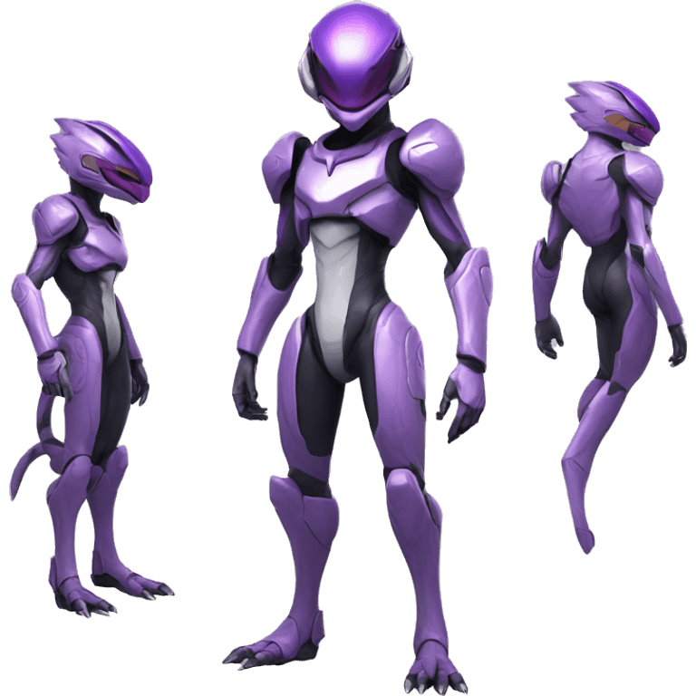 A Reptile-Raptor-Genesect-Mewtwo-Fakémon, with a futuristic visor-helmet, wearing a techwear-suit Full Body emoji