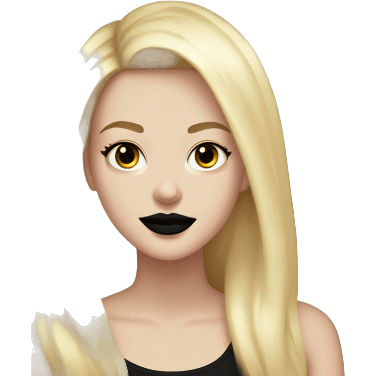 White Girl with long blonde hair eyes closed smiling black tank top and black lipstick,  thick lashes emoji