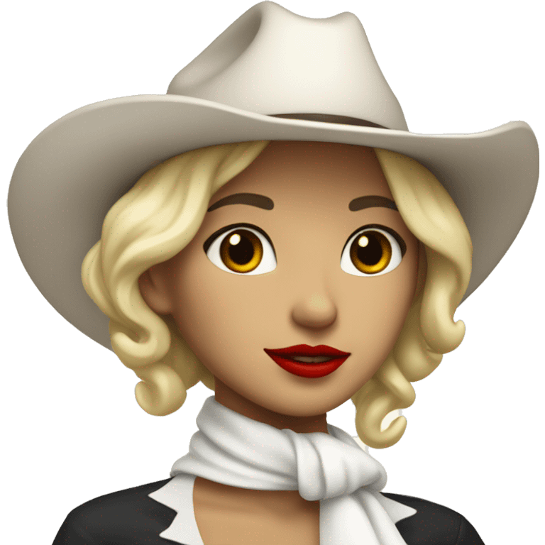 cowgirl with a white hat and white ASCOT scarf and blonde short hair with red lipstick emoji