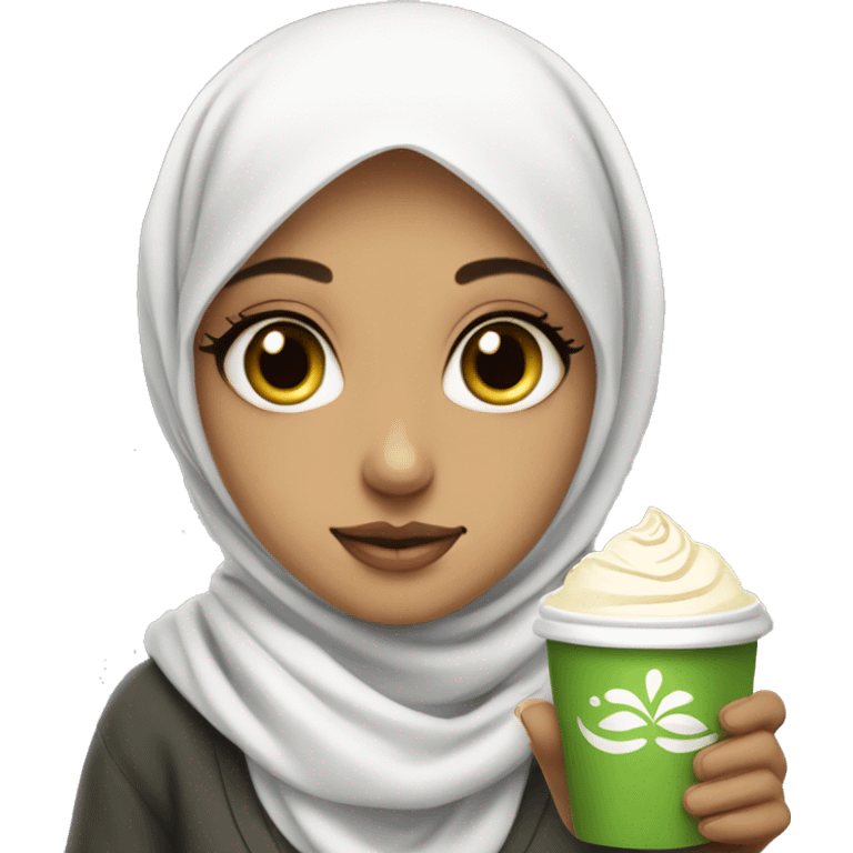 cute hijabi girl with big eyes, white skin and with matcha latte in her hands emoji