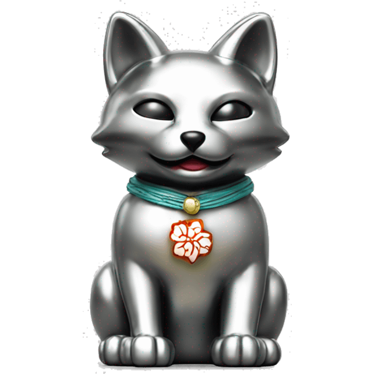 fully chrome fox statue in the form of maneki neko emoji