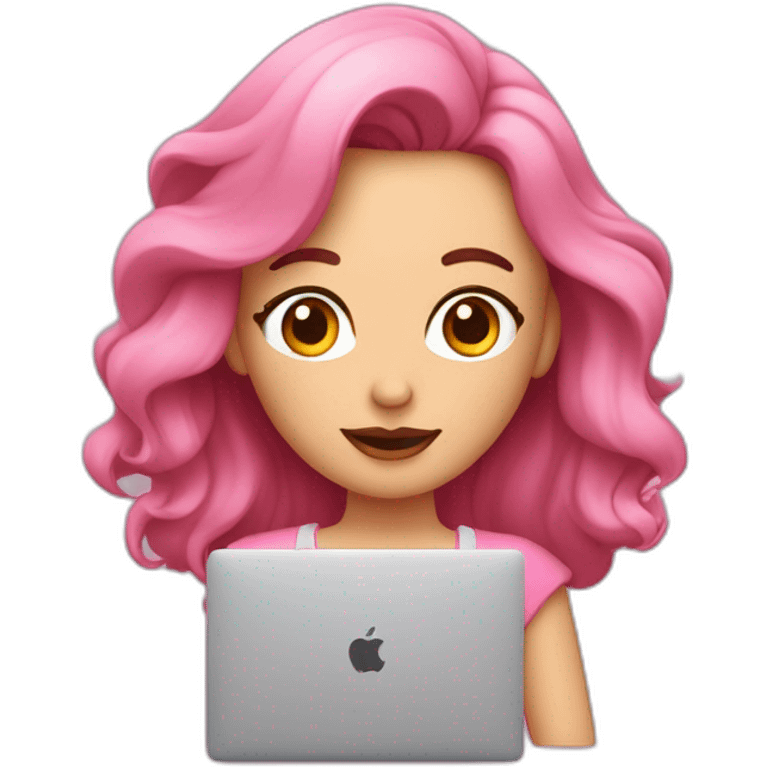 señora con el pelo rosado viendo un curso de uñas en la macbook emoji