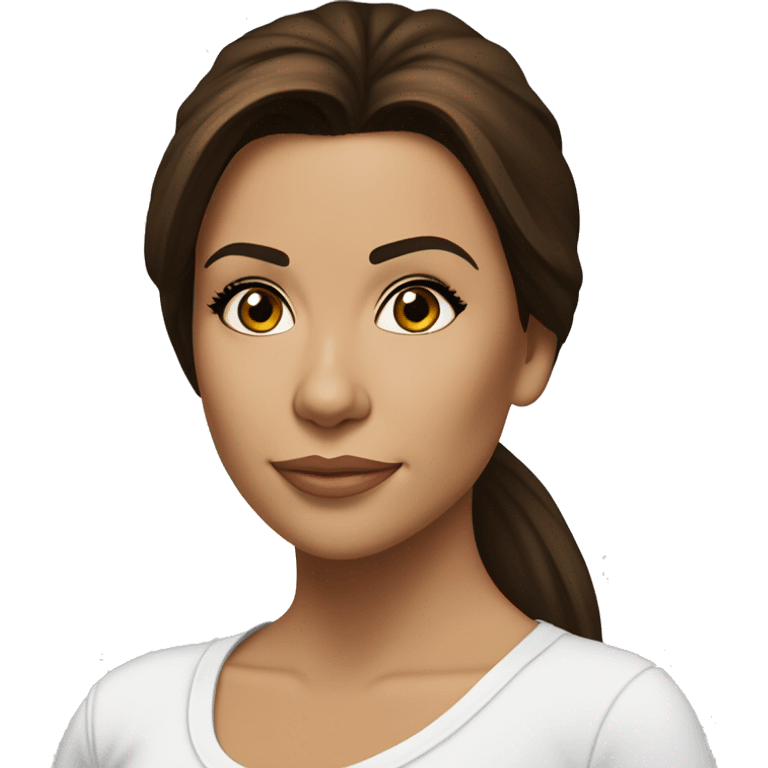 3/4 face, contrasted, shadow, light, Eva Longoria expression, standing from a distance, thin nose, brunette woman, hazel eyes, long eyelashes, dark shoulder shaded hair, white t-shirt, jeans, white sneakers emoji