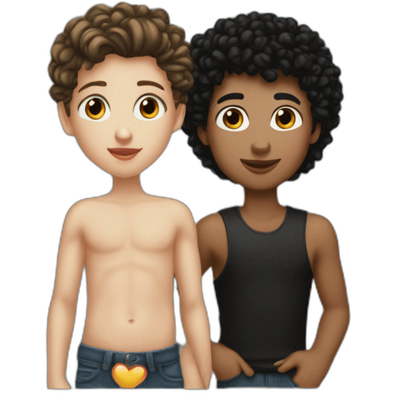 Kiss betweé white girl with black haure and boy with black haur curly emoji