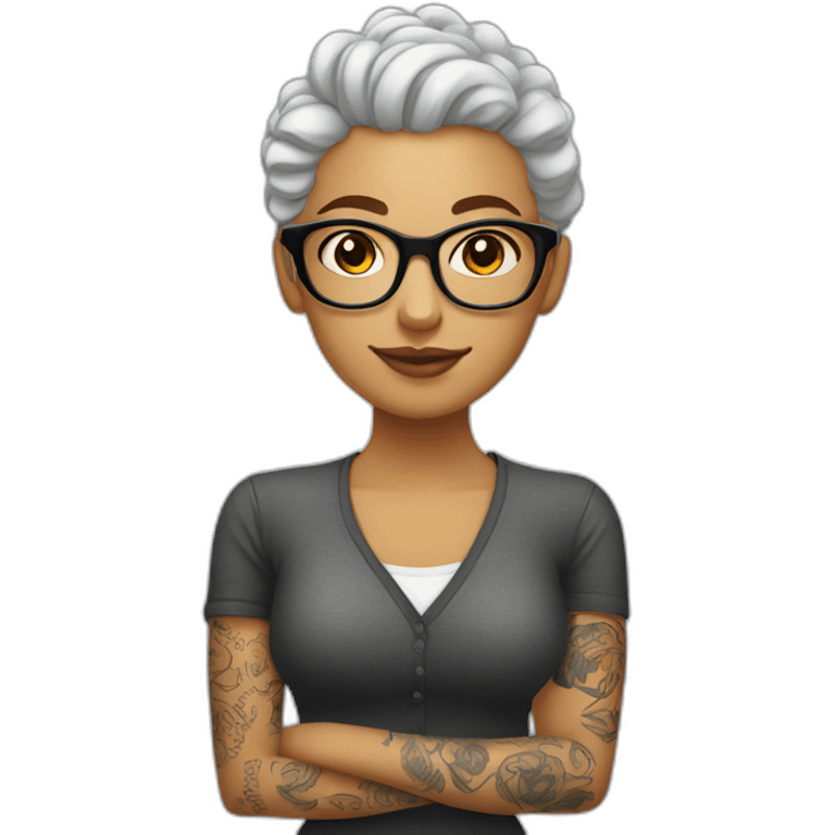 Bald man with tattoos. Young curly-haired lady wearing glasses emoji