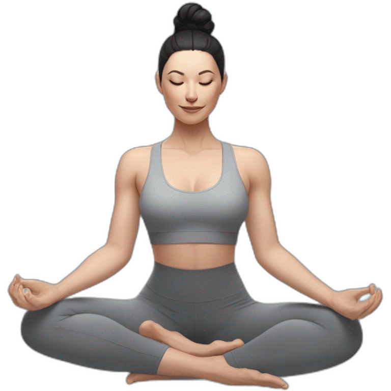 Pale skinned fit woman In a gray tight yoga suit and wristbands With black hair in a bun doing yoga emoji