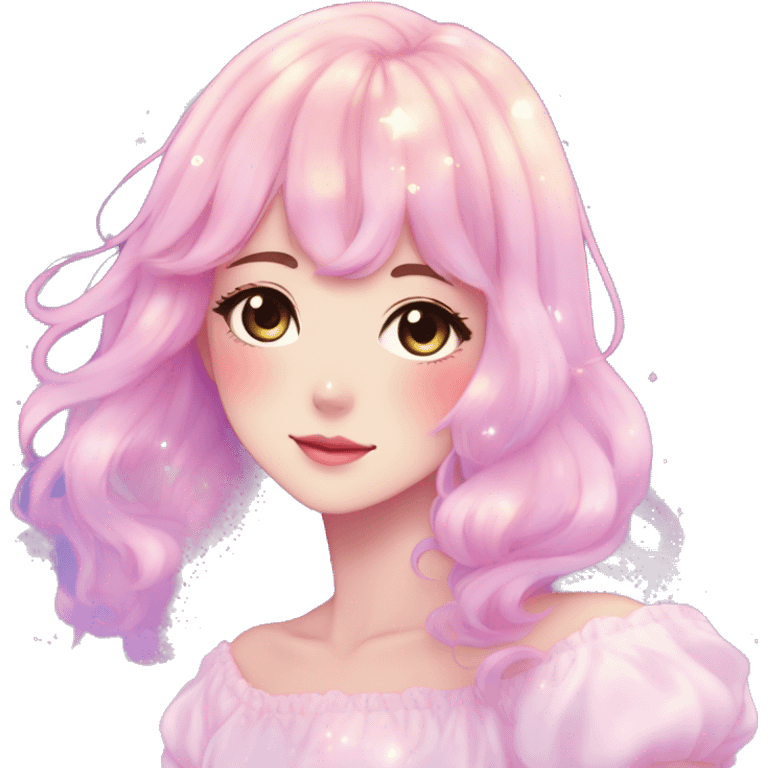 Gorgeous pastel anime style lady blushing nebula-gradient-sparkle face dreamy idol model colorful shiny stars galaxy kawaii cottagecore pearly petite simplistic aesthetic trending style emoji