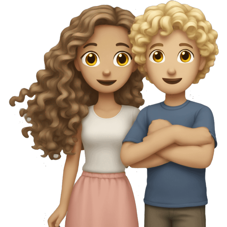 brown hair girl with blonde boy with curly hair holding her emoji