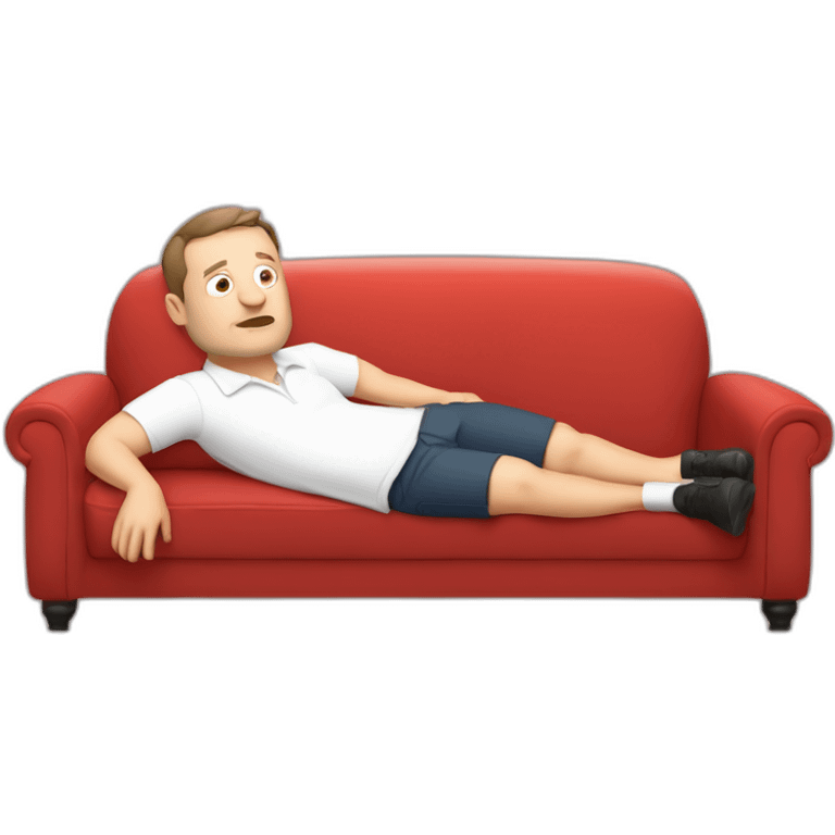 tim robinson very tired laying down on a red couch in a white polo shirt, chest up clean shaven, laying flat across couch emoji