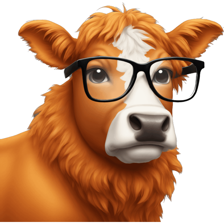 Fluffy orange cow with black glasses emoji