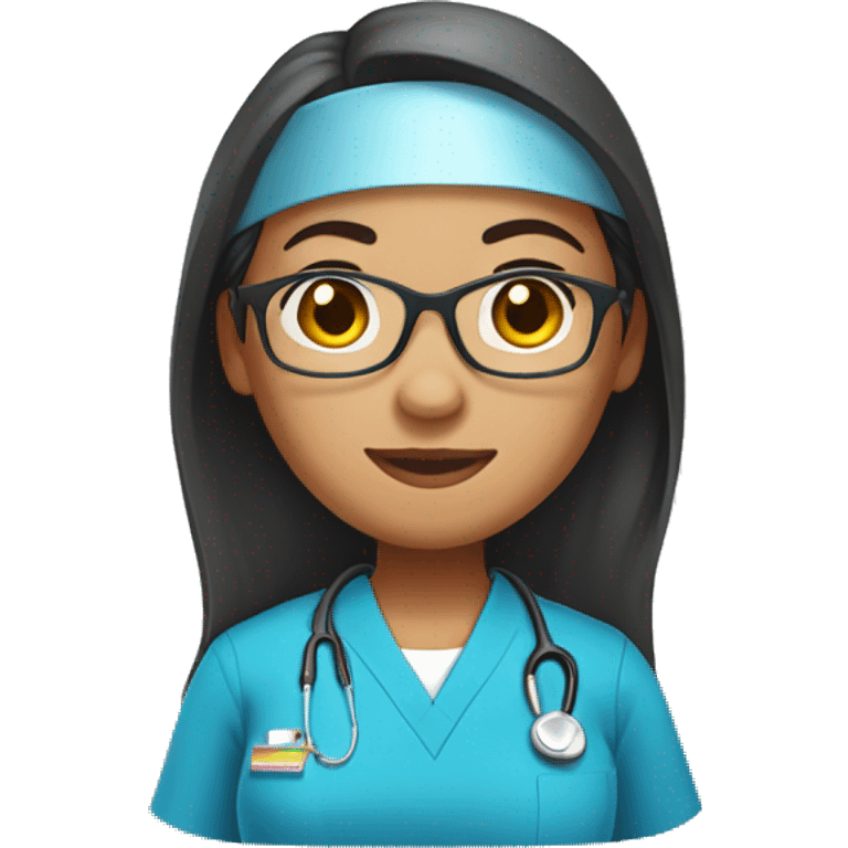 Female nurse with blue scrubs, Filipino of descent, with straight hair and eyeglasses, half body shot emoji