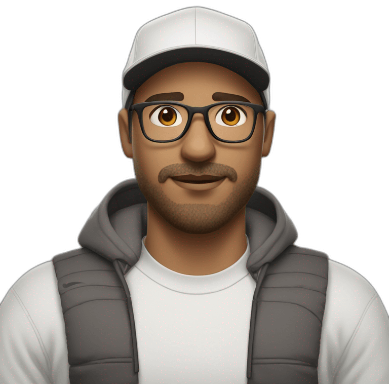 White man,brown hair, brown beard, thick eyebrows, black sight glasses. Big nose. Half closed brown eyes. Wearing a Nike cap emoji