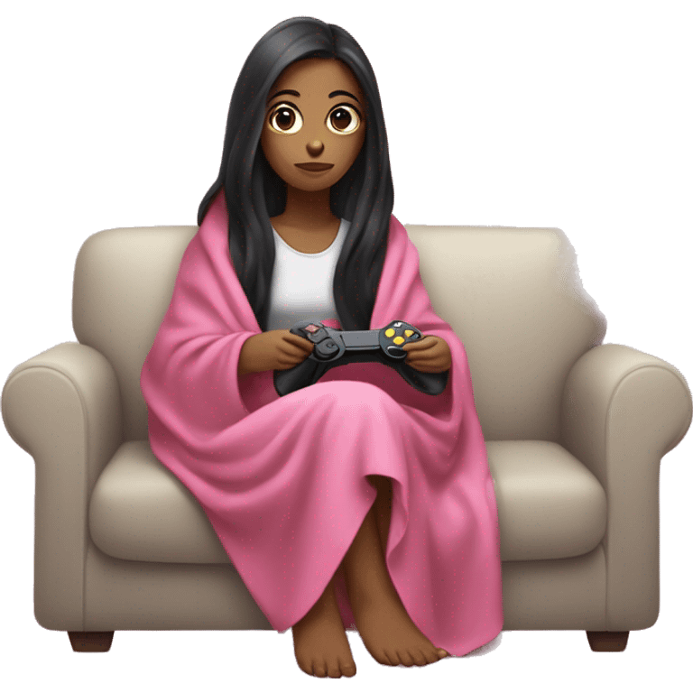 girl with long dark hair wrapped up in a blanket sitting on a couch with a pink gaming controller in her hands emoji